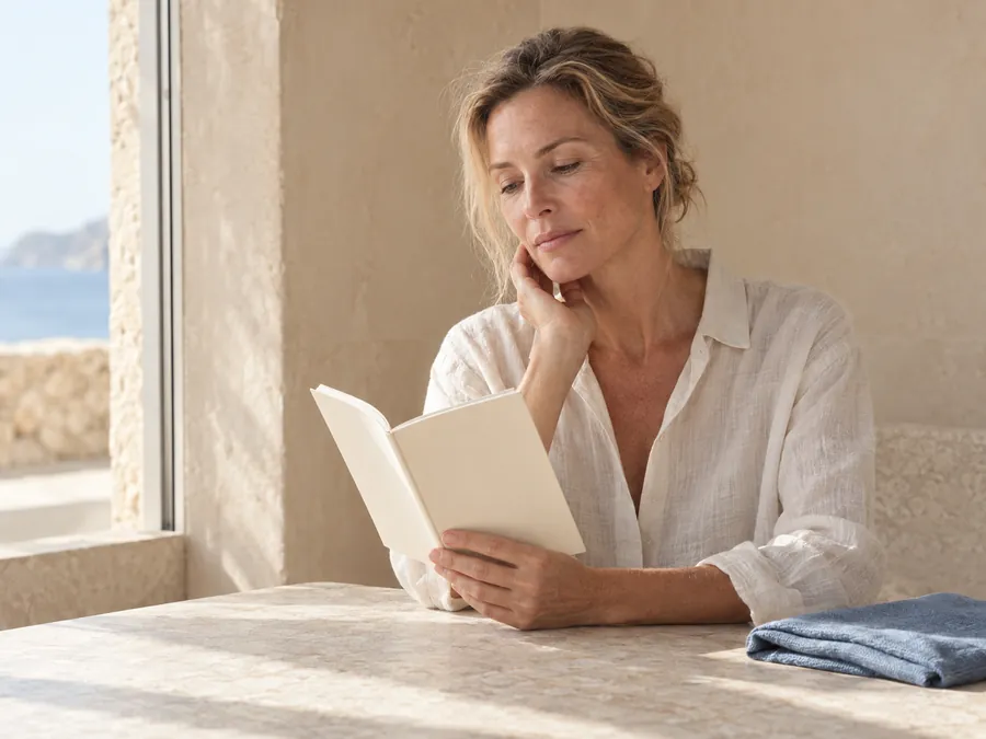 Mujer leyendo junto a una ventana con luz natural