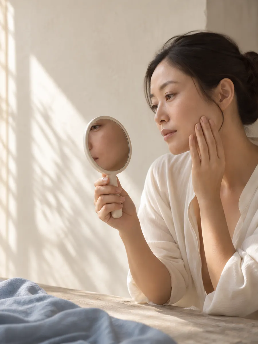 Manos sosteniendo un producto de cuidado facial con luz natural